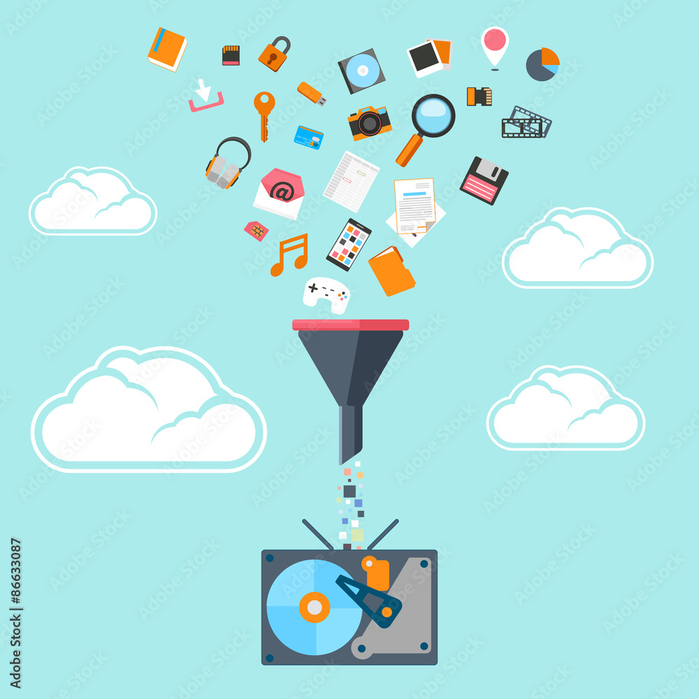 Poster flat concept of big data filter and tunnel