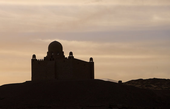 Egypt, Aswan, sunset on the Agha Khan mausoleum