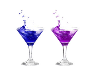 collage  blue and purple cocktail with splashes isolated on white background
