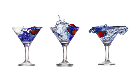 collage blue cocktail with cherry splash on white