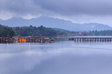 Good morning floating village and old bridge at Sangkhlaburi ,Kanchanaburi, Thailand