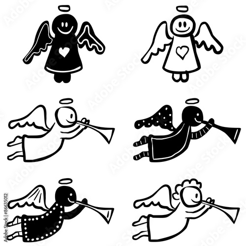 "Set: 6 handgezeichnete Engel, schwarzweiß, Vektor, freigestellt