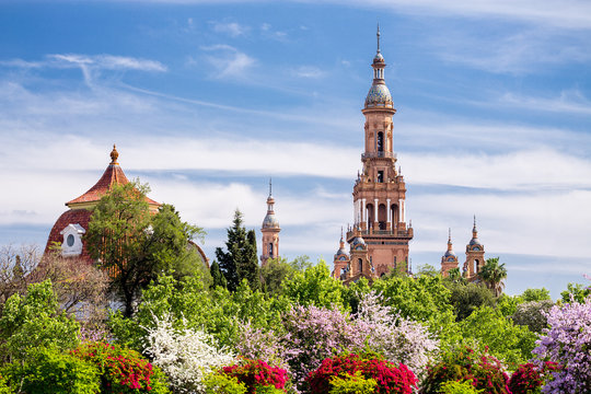 Towers of Plaza de Espana. Seville. Spain.