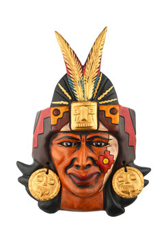 Indian Mayan Aztec ceramic painted mask isolated on white