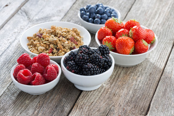 garden berries and muesli on wooden background, horizontal