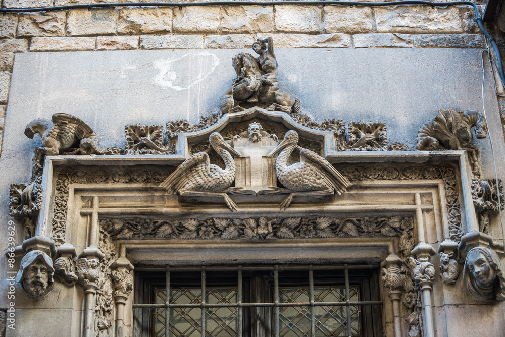 Sticker details of Palau de la Generalitat de Catalunya at Gothic Quarter in Barcelona, Spain