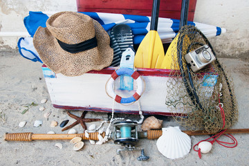Traveling Background with Fishing Rod,Shells on Beach Sand,Starfish and Fishing Net,Old Camera and...