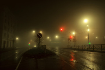 Fog on night street. Russian, Cherepovets