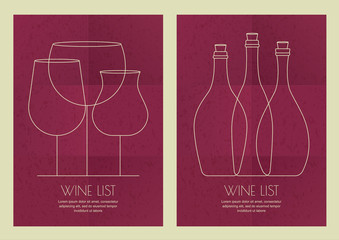 Set of abstract line illustration, three wine glass and bottles