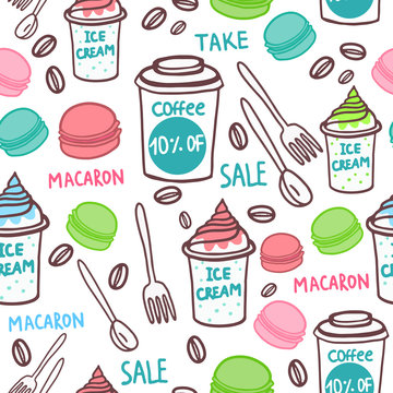 vector seamless pattern with macarons, coffee and icecream