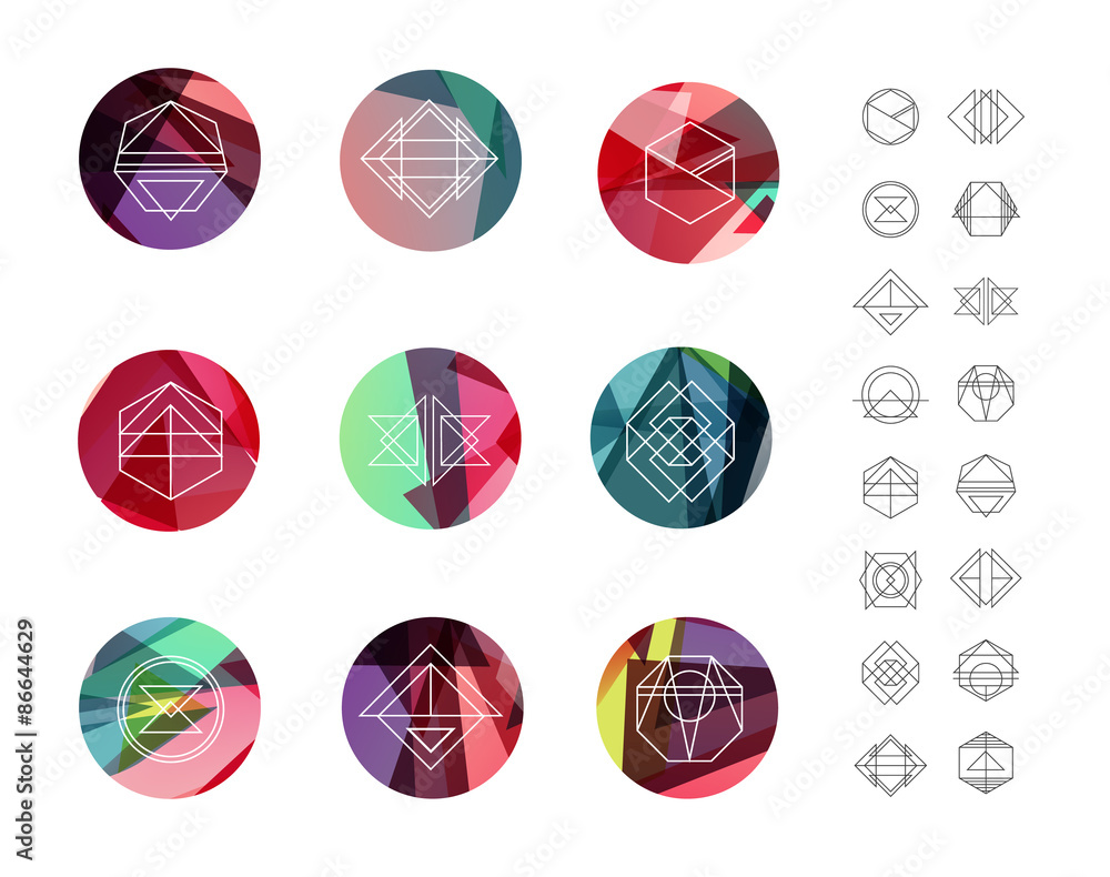 Poster set of colored crystal circles in polygon style with geometric