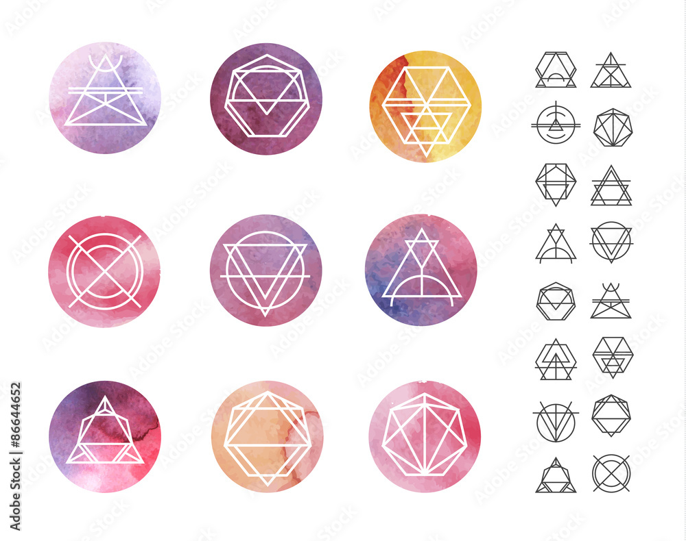 Poster abstract circle watercolor patterns set with hipster style icons
