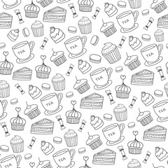 Doodle vector.Bakery,Cakes and dessert, tea seamless pattern.