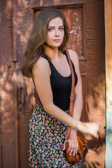 Fototapeta premium Girl with red lips in blue wearing 