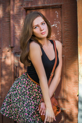 Girl with red lips in blue wearing
