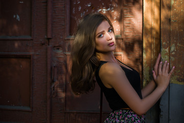 Girl with red lips in blue wearing
