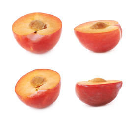 Cut open plum half isolated