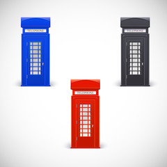 Colored telephone booths, Londone style.