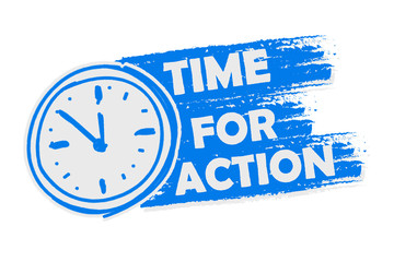 time for action with clock, blue drawn banner with sign