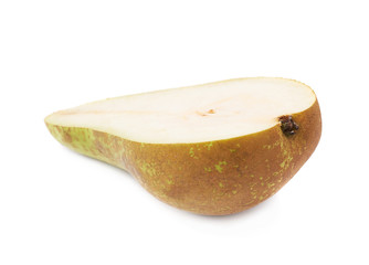 Green pear cut in half isolated