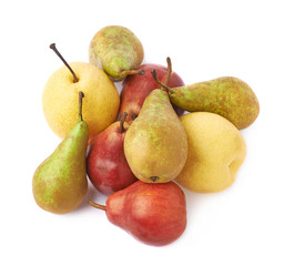 Pile of green, red, yellow pears isolated