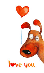 Dog from corner with balloon. Love. Watercolor - 86652640
