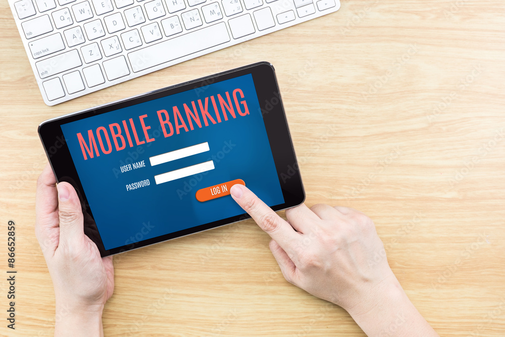 Poster Finger click screen with Mobile banking word with keyboard on wo