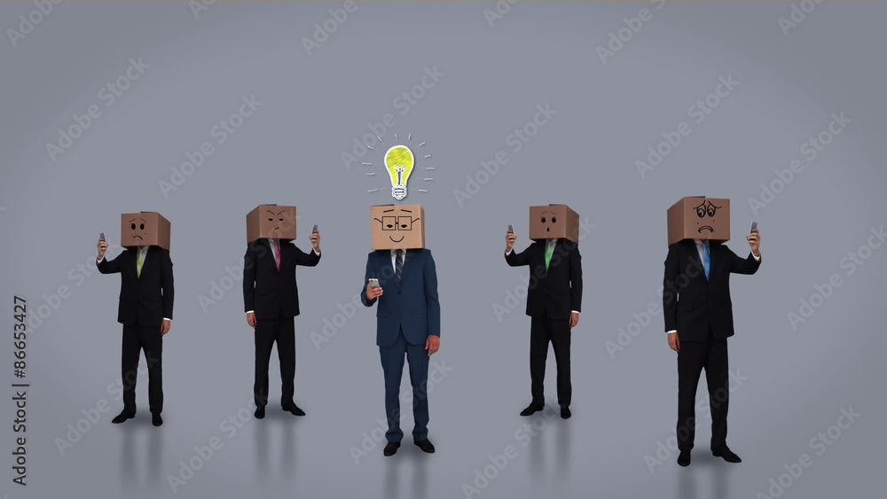 Poster team of businessman hiding head with box and using smartphone