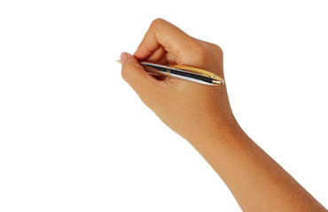Women hand writing with metallic pen isolated on white clipping