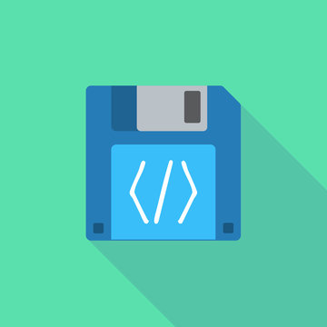 Long shadow floppy icon with a code sign