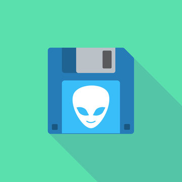 Long shadow floppy icon with an alien face