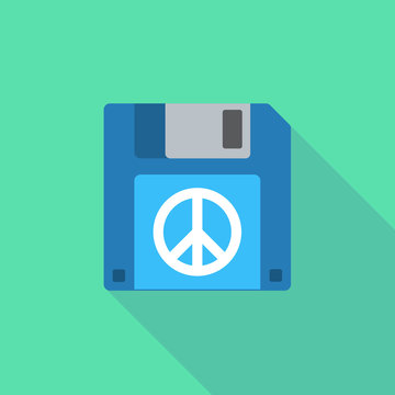 Long shadow floppy icon with a peace sign