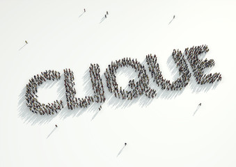 Aerial shot of a crowd of people gather to form the word 'Clique'. Concept for how like minded people with the same interests and beliefs stick together. Birds of a feather stick together as they say.