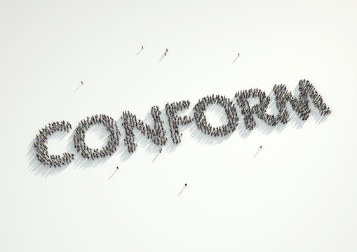 Crowd of people gather to form the word 'Conform'