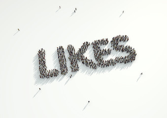 Aerial shot of a crowd of people forming the word 'Likes'. Concept for how people follow each other on social networks and social media channels, websites, chat rooms and news groups.