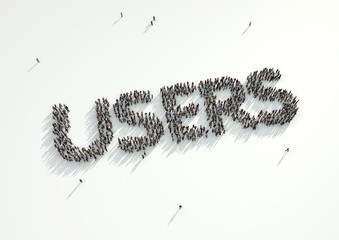 Aerial shot of a crowd of people forming the word 'Follow'. Concept for how people follow each other on social networks and social media channels, websites, chat rooms and news groups.
