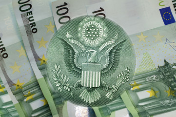 eagle above one hundred euros banknotes. Macro