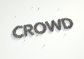 Aerial shot of a crowd of people forming the word Funding Concept for crowd funding platforms or projects that are supported financially by crowd funded websites.