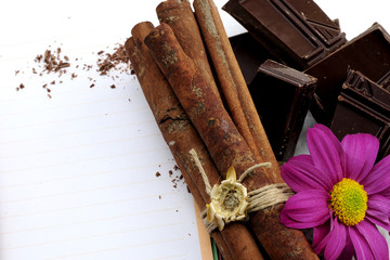 chocolate ,cinnamon sticks with blank recipe book 