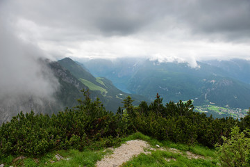 Mountain peaks obscured by low hanging cloud
