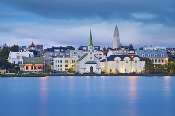 Reykjavik, Iceland. Image of Reykjavik, capital city of Iceland, during twilight blue hour. - obrazy, fototapety, plakaty