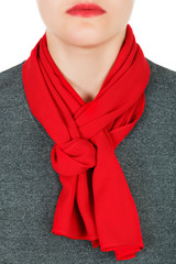 Silk scarf. Red silk scarf around her neck isolated on white background.