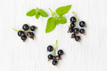 mint and black currant isolated on a white wooden background.