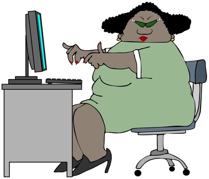 Chubby woman sitting at a desk