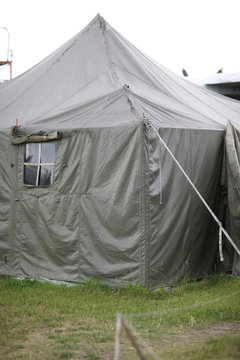 Details of a military mobile tent with a plastic window