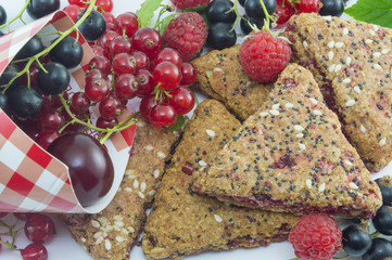 Integral biscuits with bunch of  fresh currant cherries and rasp