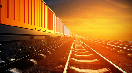 3d illustration of freight train with containers on platforms on - 86667205
