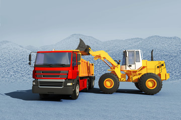 3d illustration of excavator loading gravel on truck