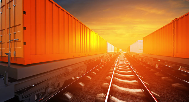 Fototapeta 3d illustration of freight train with containers on platforms on