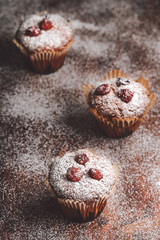 Muffins on a wooden table covered with sugar. 
